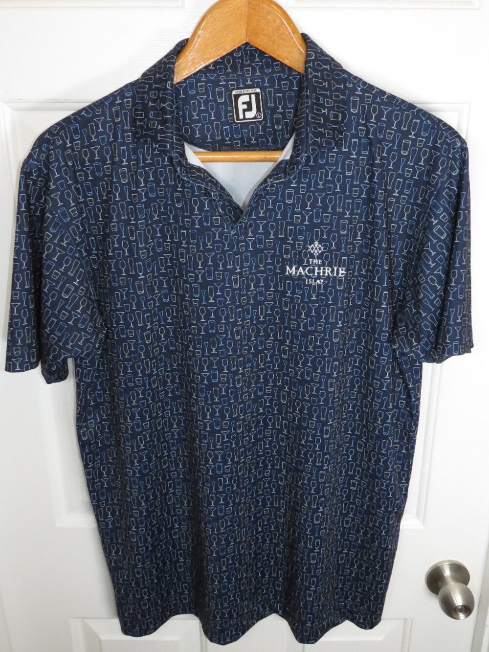 FootJoy Polo Men L Navy Cocktail Glass AOP Golf Shirt The Machrie Islay Scotland